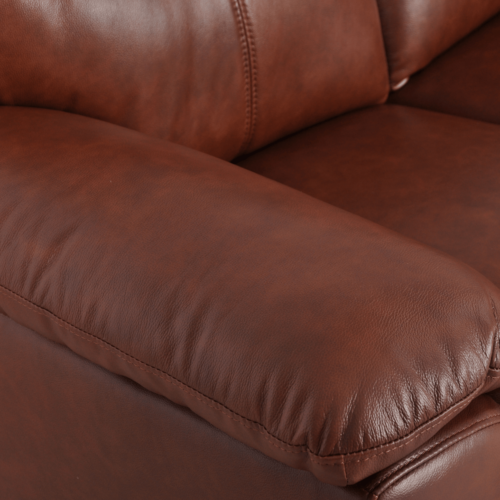 Close-up of Vantage tan 2-seater sofa with soft upholstery and detailed stitching
