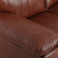 Close-up of Vantage tan 2-seater sofa with soft upholstery and detailed stitching