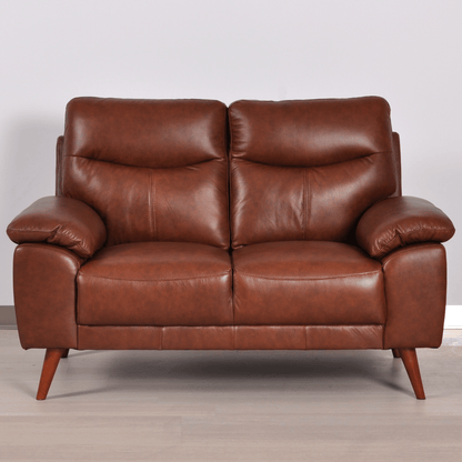 Vantage tan 2-seater sofa in a modern living room with neutral decor, warm lighting, and stylish accents