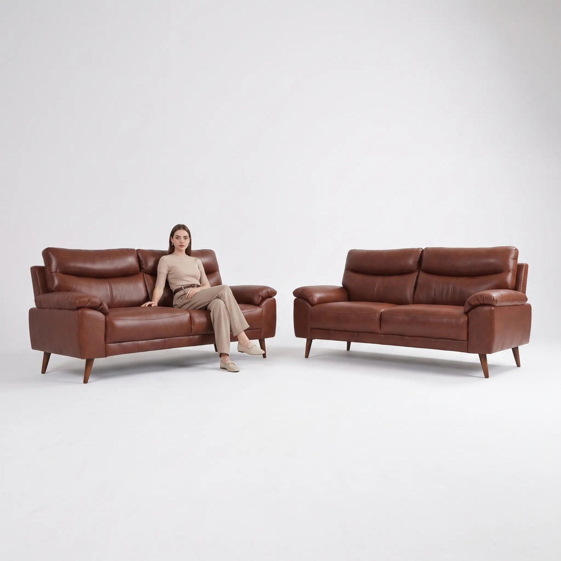 Vantage Genuine Leather Tan 3+3 Seater Sofa Set - Furniture Instore