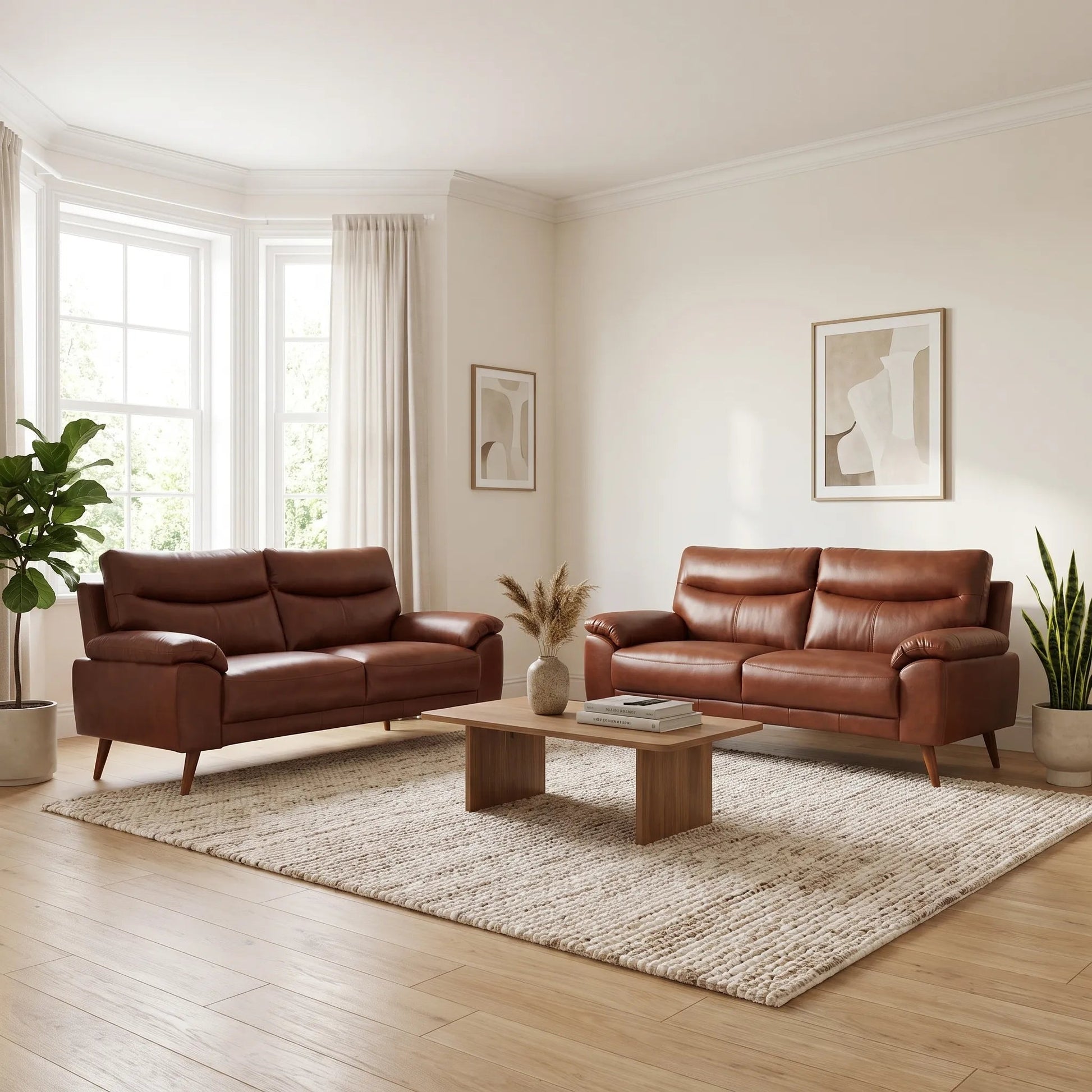 Vantage Genuine Leather Tan 3+3 Seater Sofa Set - Furniture Instore