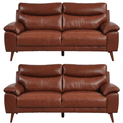 Vantage Tan 3+3 Sofa combo front facing on white background, showing cushions, clean lines, and modern design details