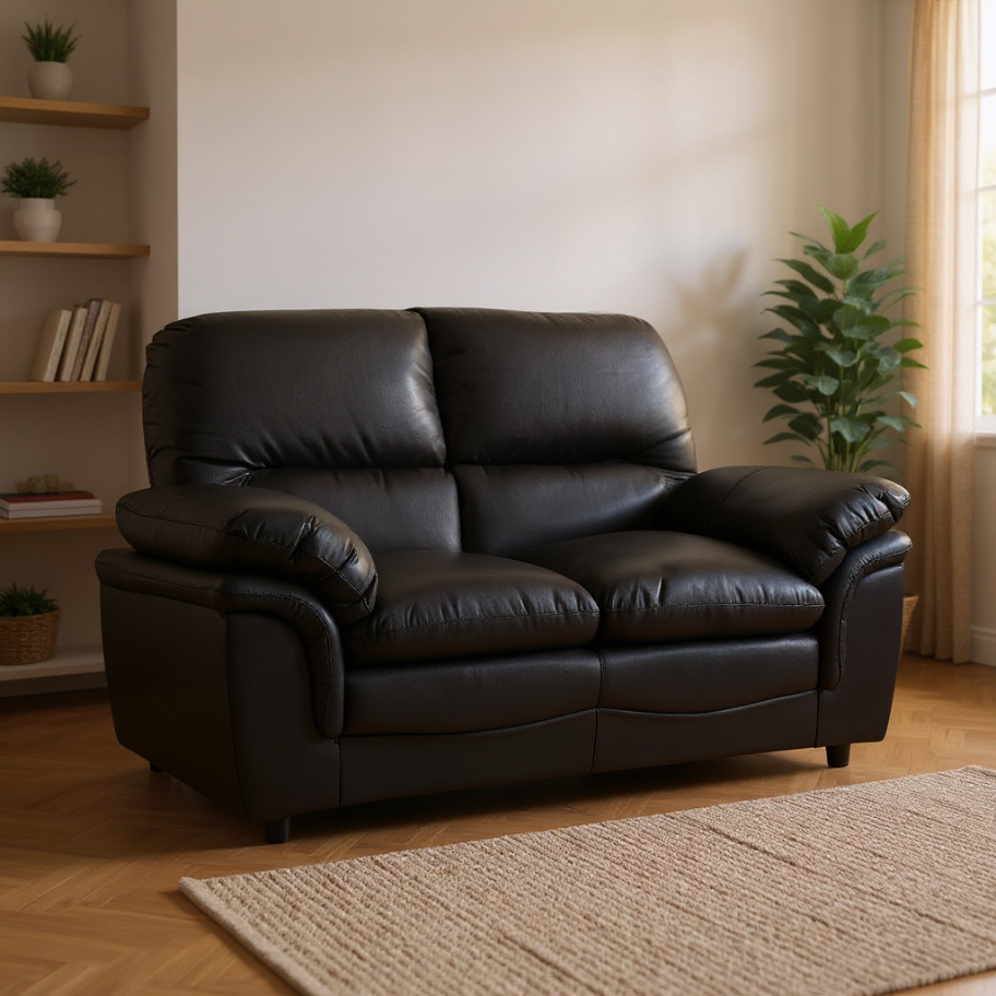 Black leather 2-seater sofa in stylish living room setting – modern interior design with premium leather furniture