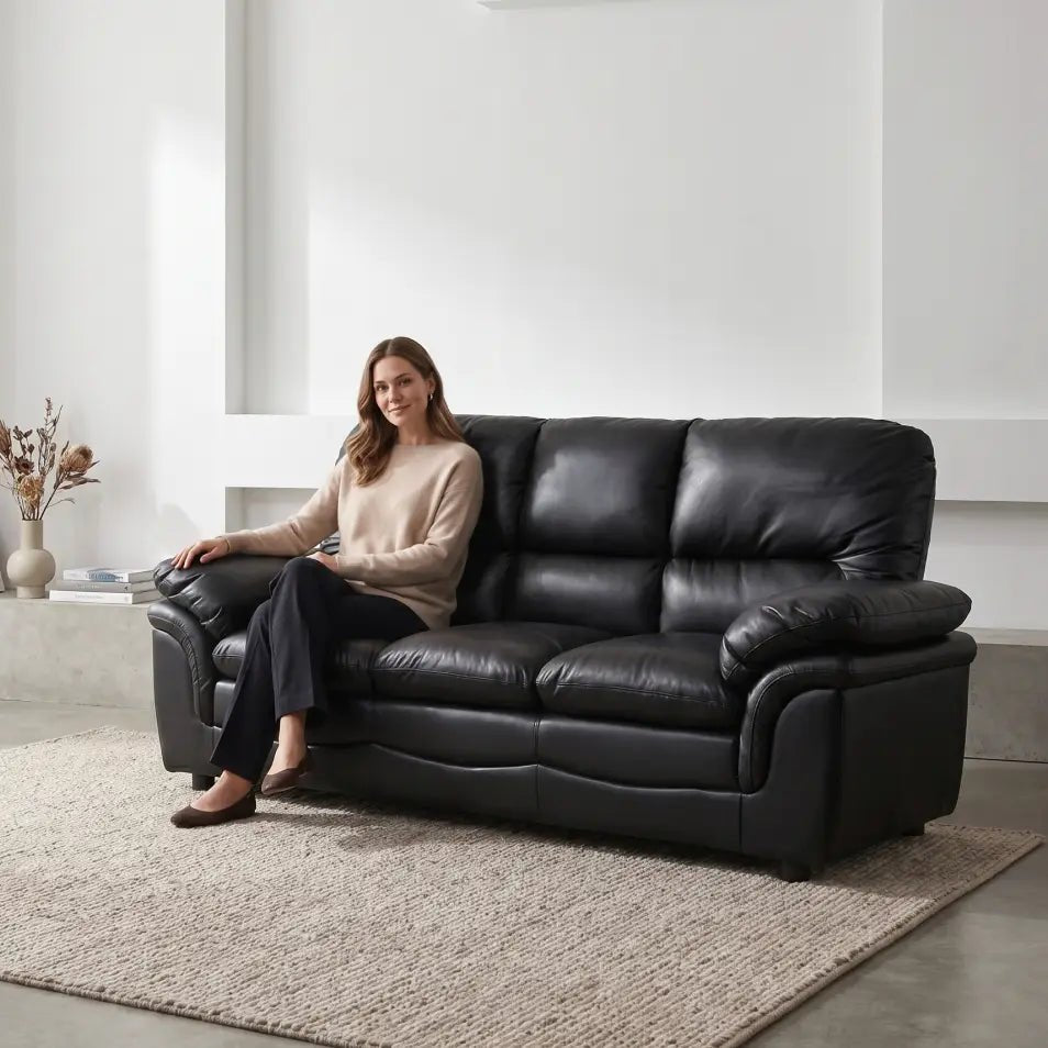 Verona Black Leather 3 Seater Sofa - Furniture Instore