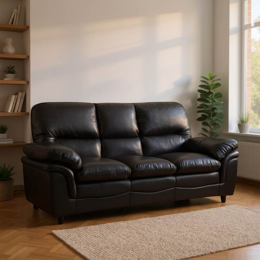 Black leather 3-seater sofa in stylish living room setting – modern interior design with premium leather furniture.