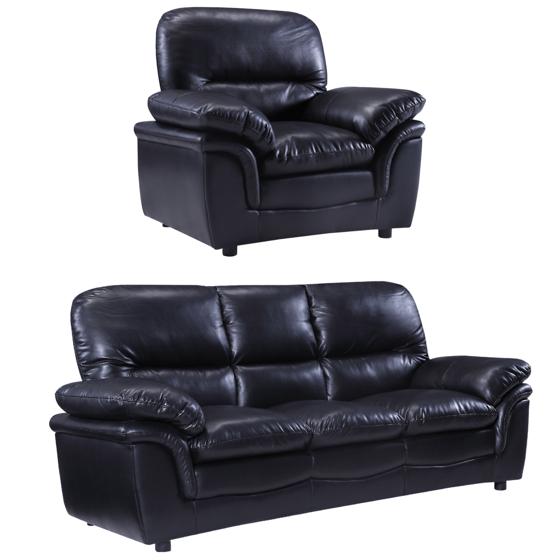 Black leather armchair and sofa set on a white background
