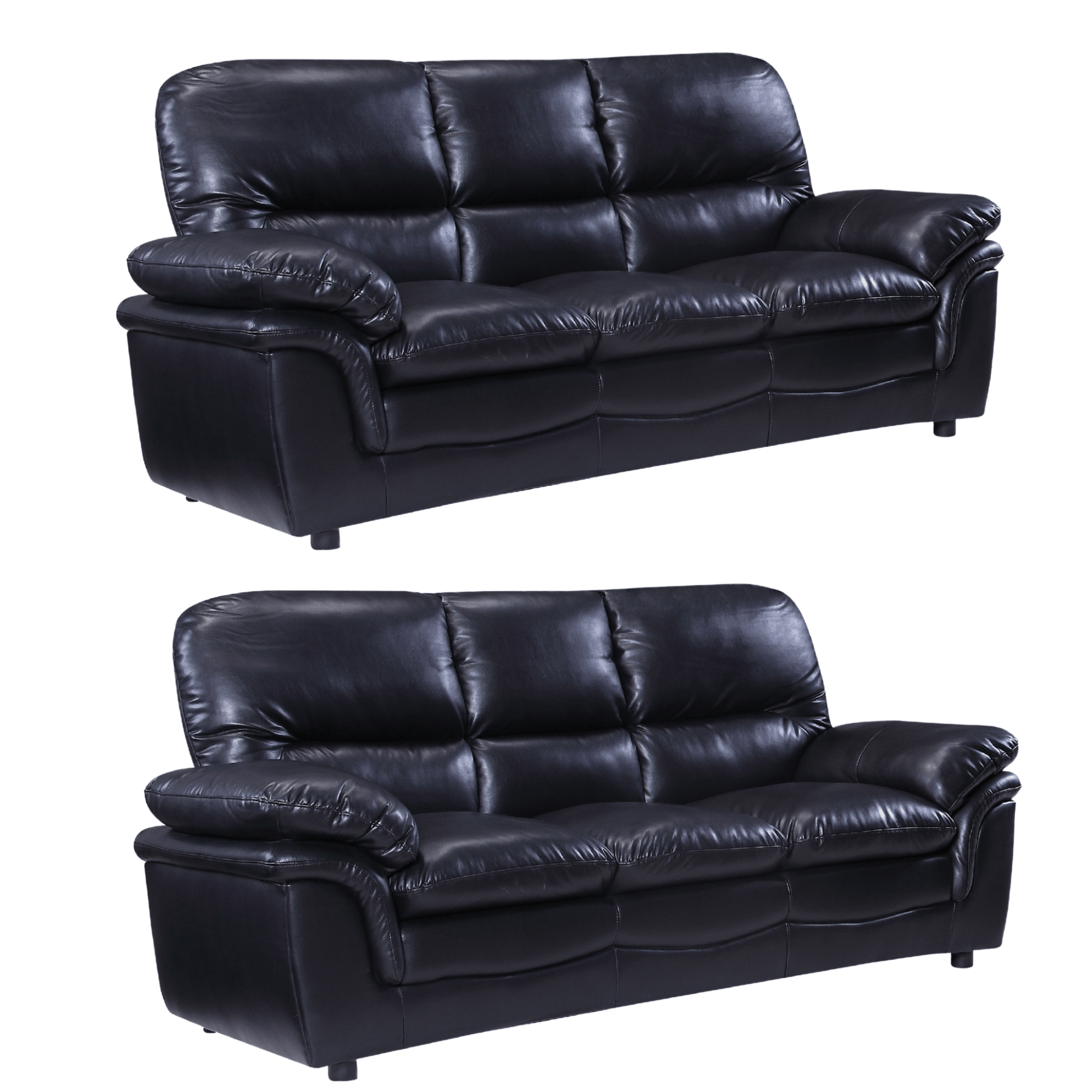 Two black leather sofas on a white background