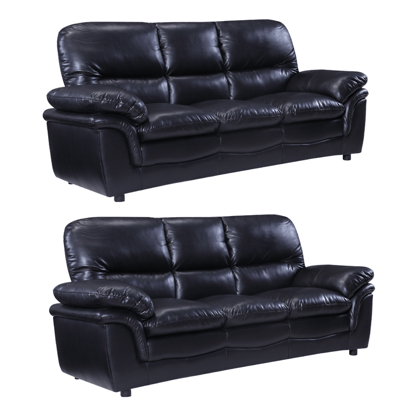 Two black leather sofas on a white background