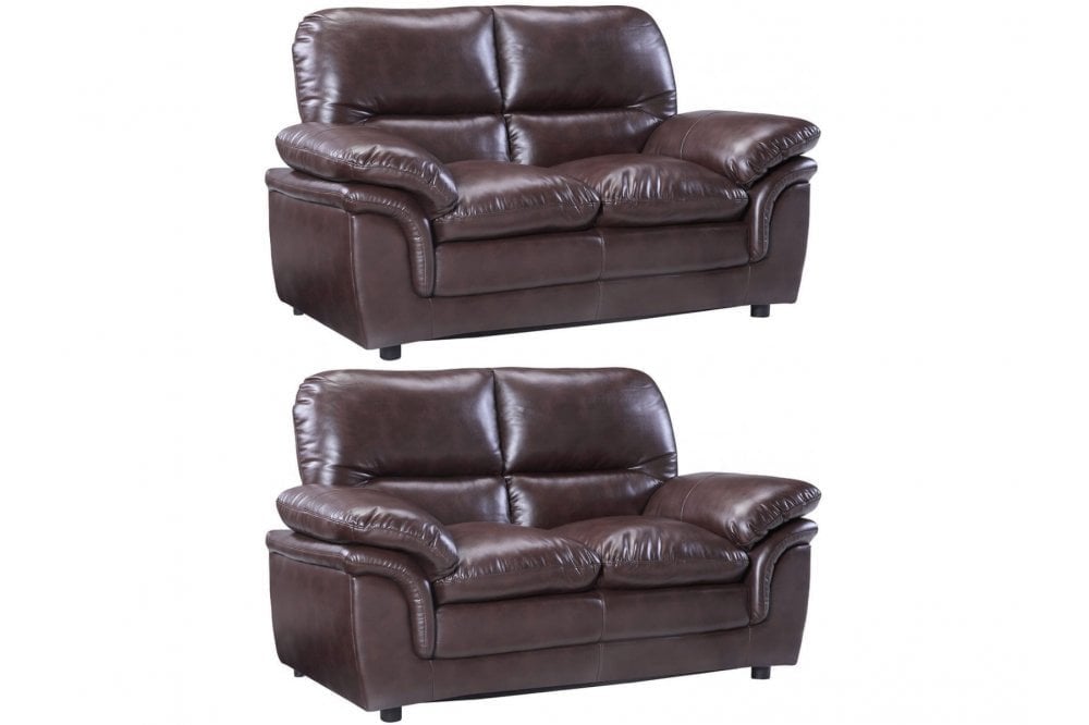 Premium brown leather 2+2 sofa set with plush seating and modern design on a white background