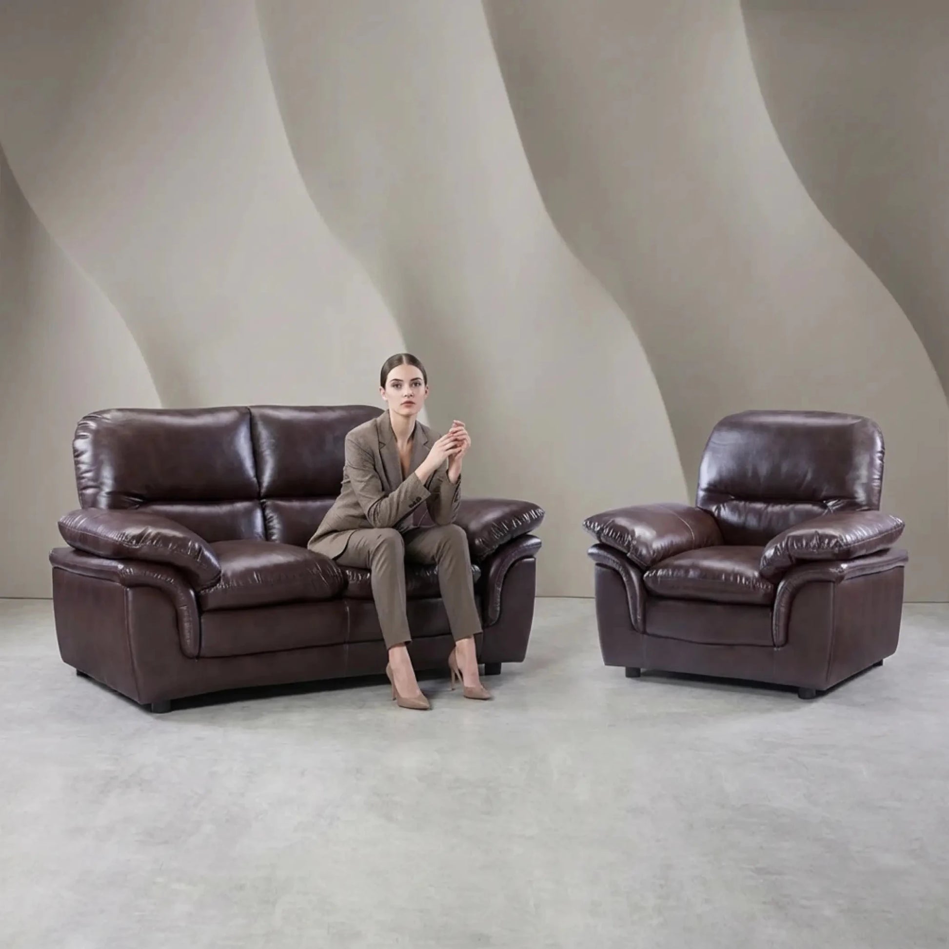 Verona Brown Leather 2+1 Seater Sofa Set Collection - Furniture Instore