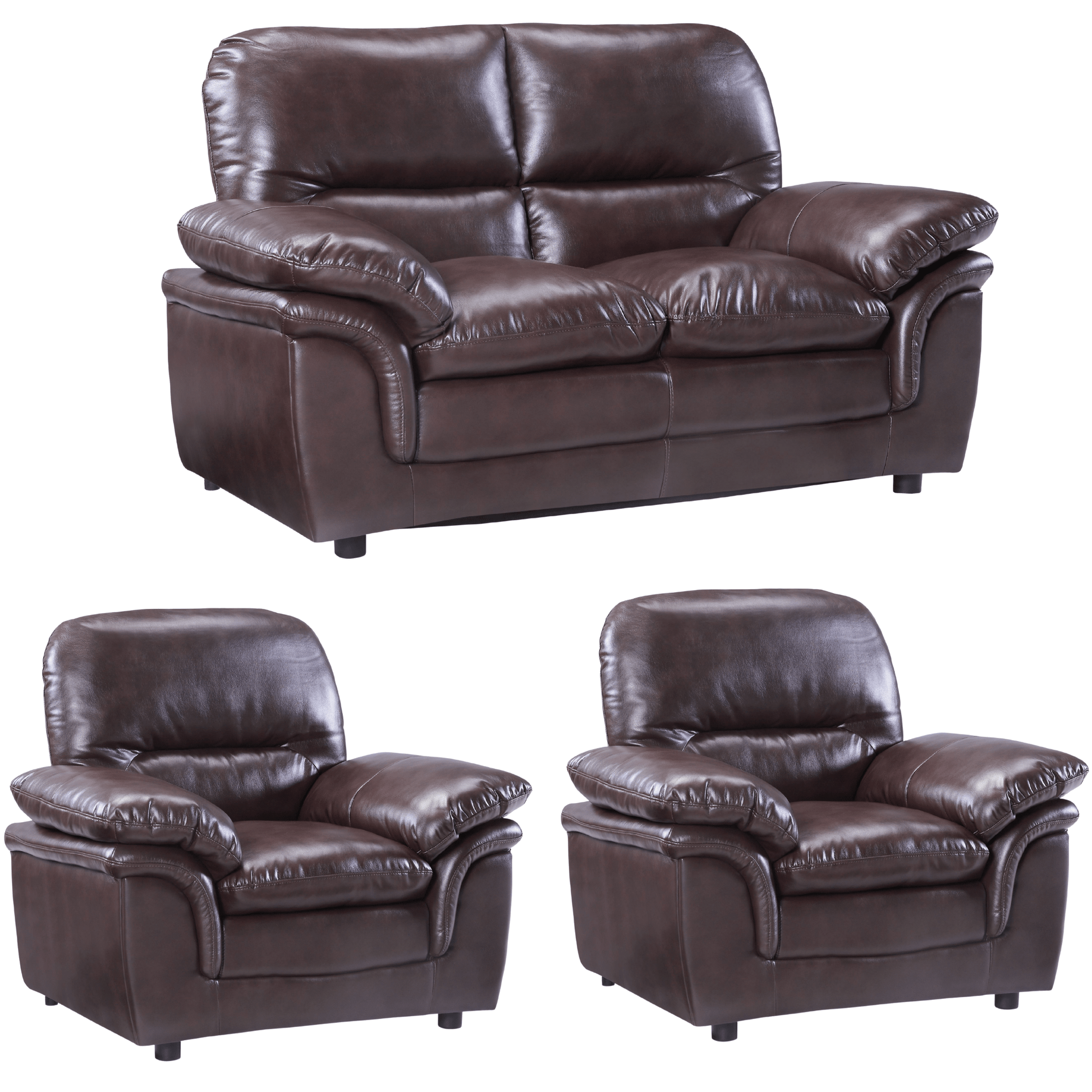 Brown leather sofa set with two matching armchairs on a white background