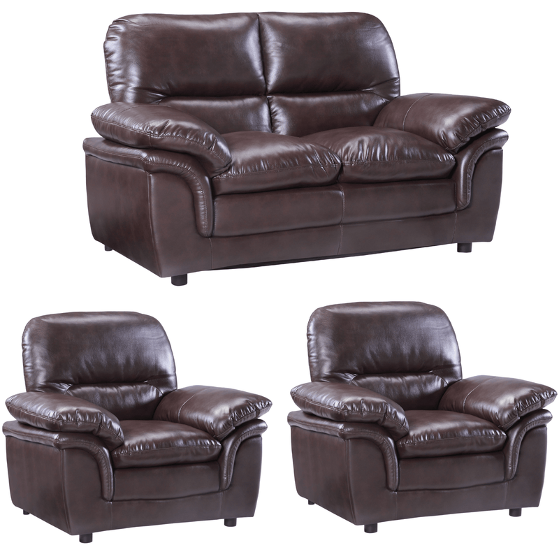 Brown leather sofa set with two matching armchairs on a white background