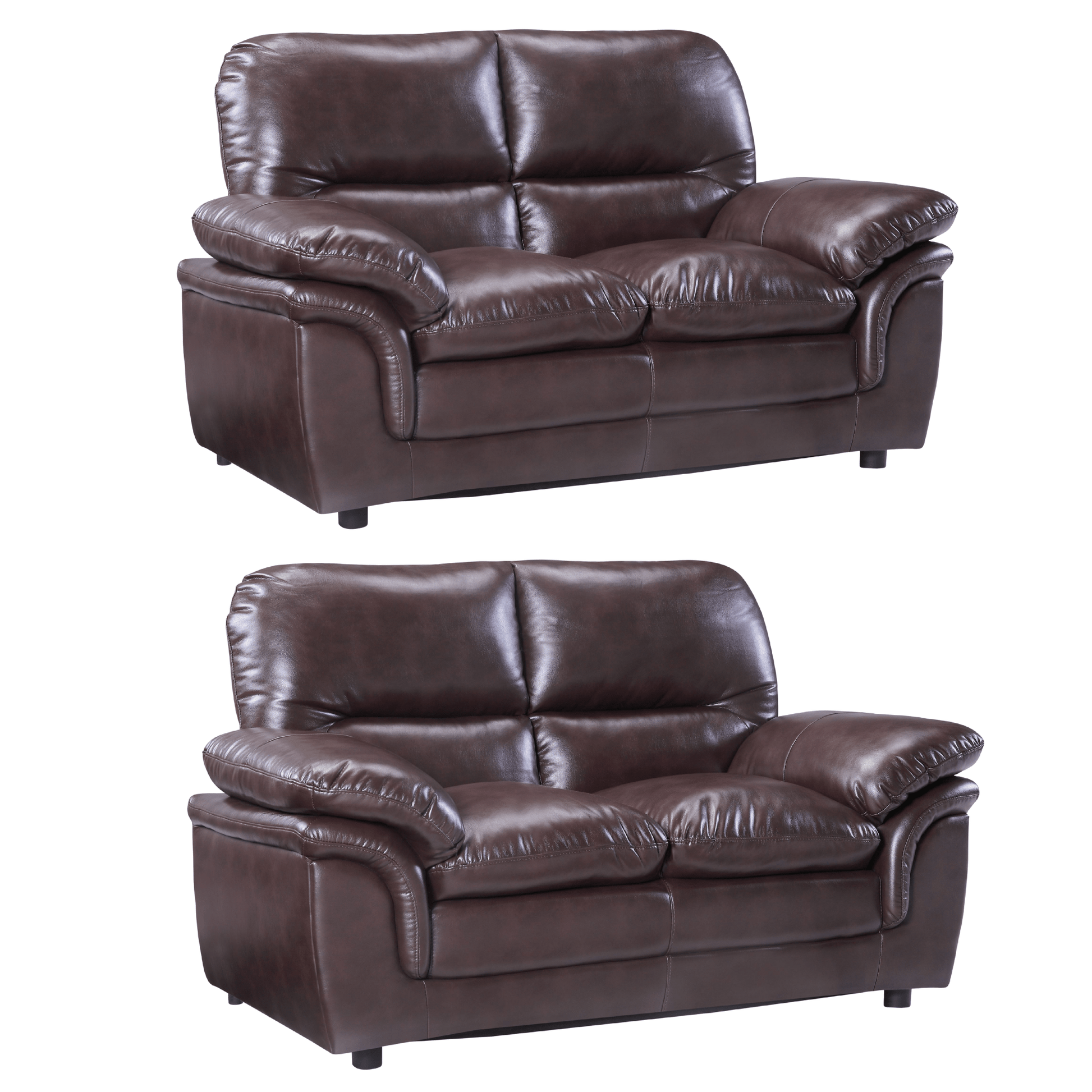 Two brown leather sofas on a white background