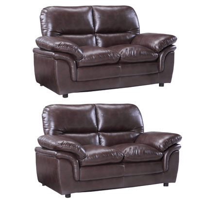 Two brown leather sofas on a white background