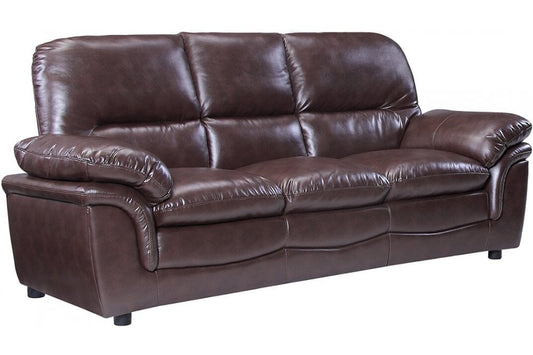 Premium brown leather three-seater sofa with elegant stitching and sleek design on a white background
