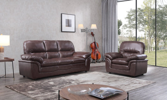 Brown leather sofa and chair set in a living room with large windows.