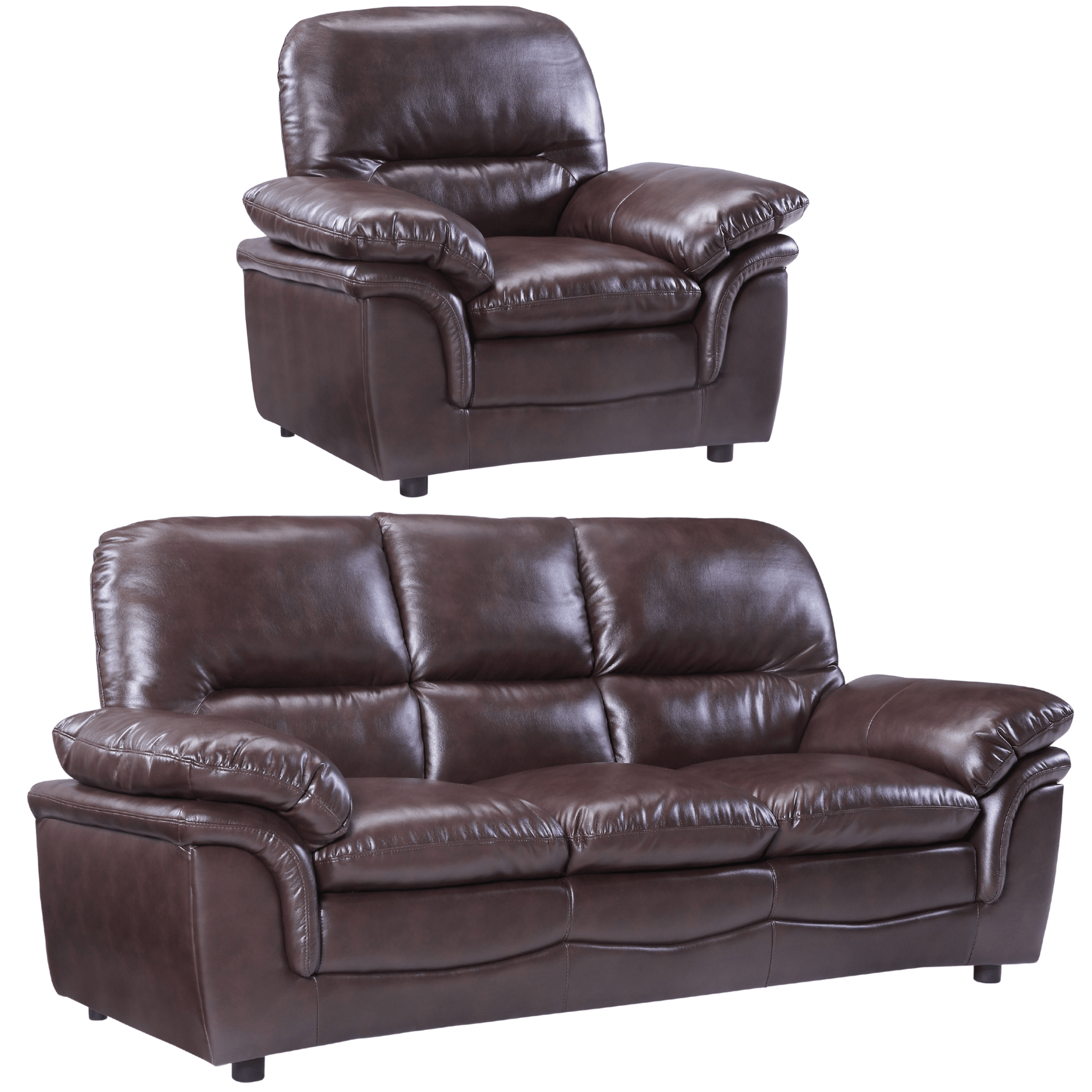 Brown leather recliner chair and sofa set on a white background