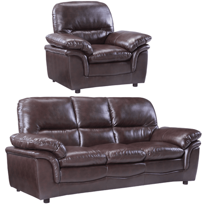 Brown leather recliner chair and sofa set on a white background