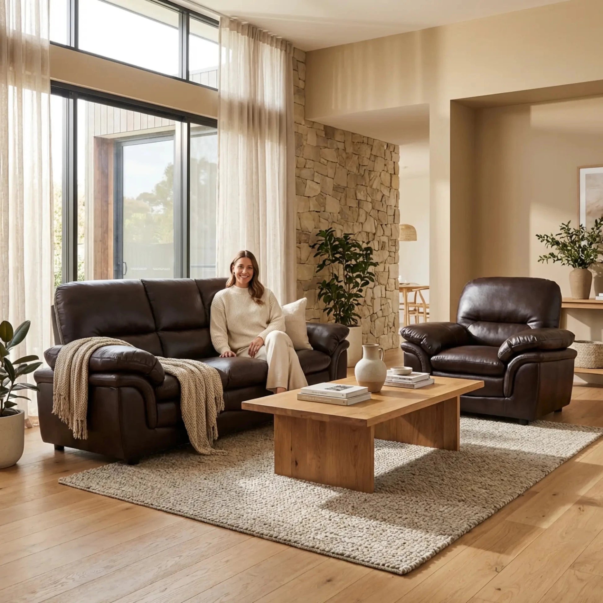 Verona Brown Leather 3+1 Seater Sofa Set Collection - Furniture Instore