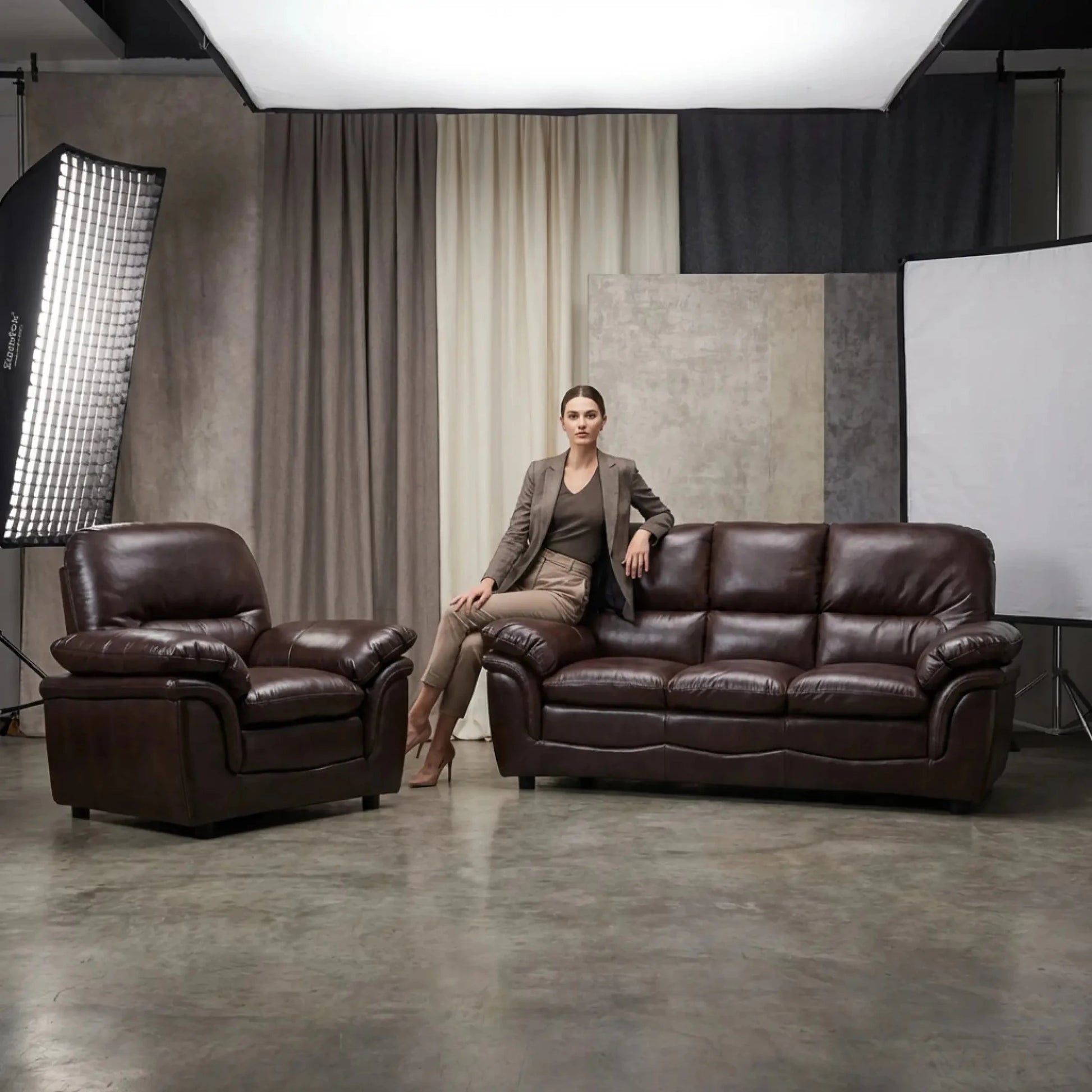 Verona Brown Leather 3+1 Seater Sofa Set Collection - Furniture Instore