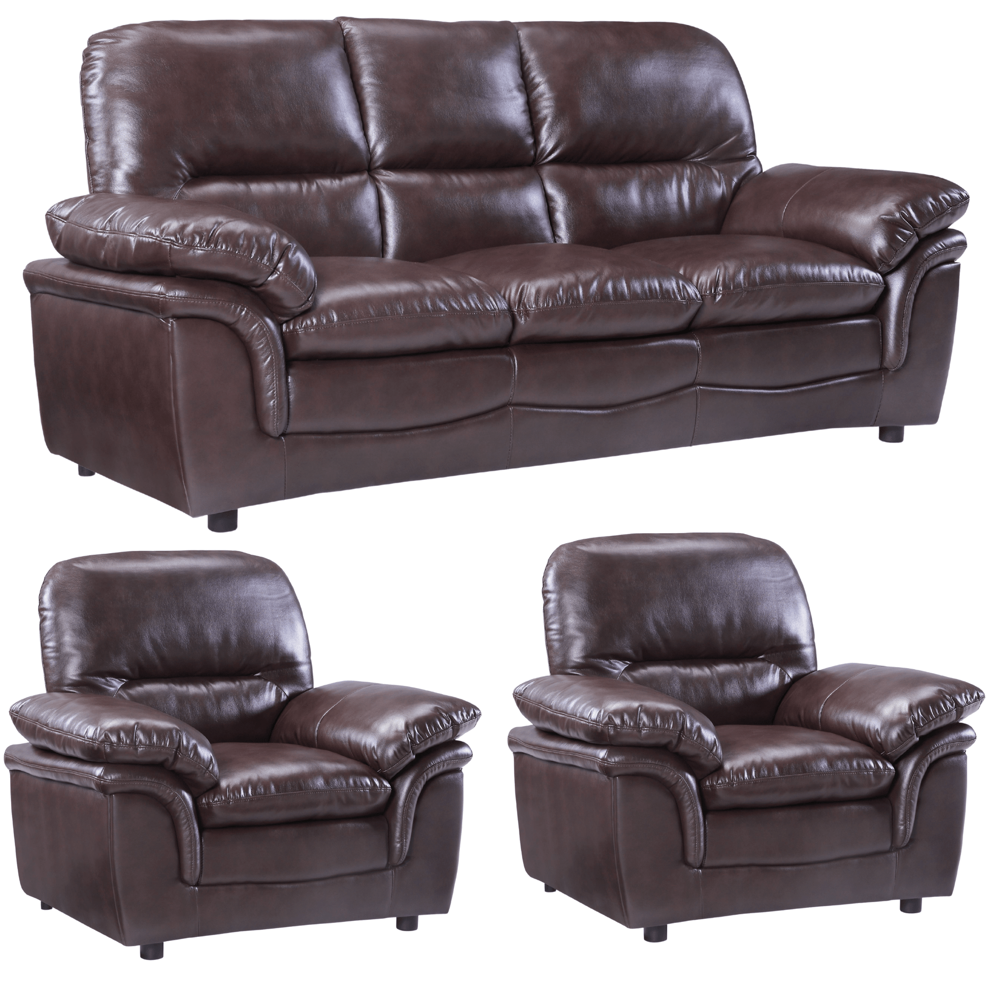 Brown leather sofa set with two matching armchairs on a white background