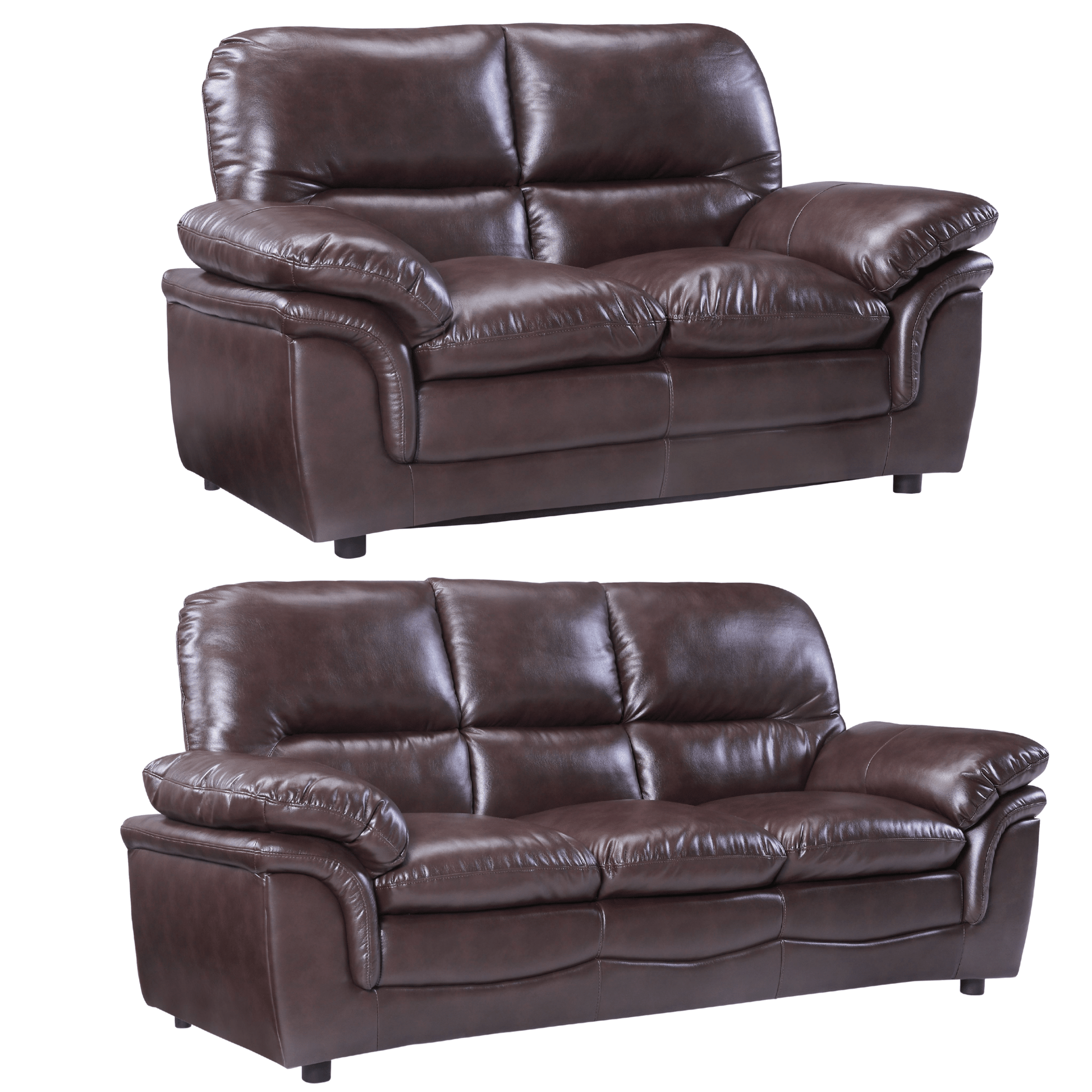 Two brown leather sofas on a white background