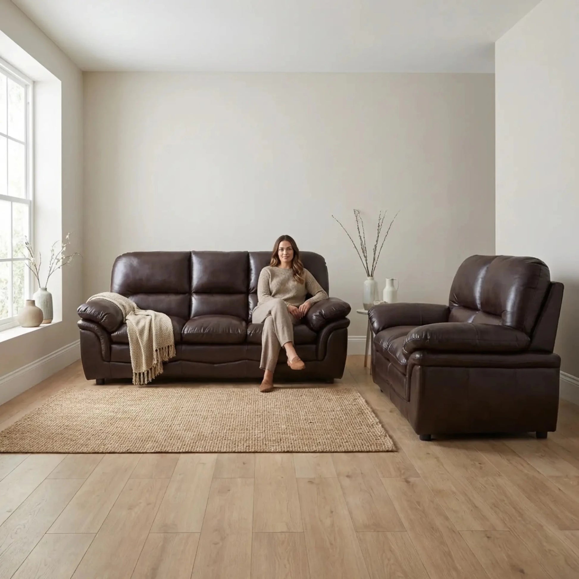 Verona Brown Leather 3+2 Seater Sofa Set Collection - Furniture Instore