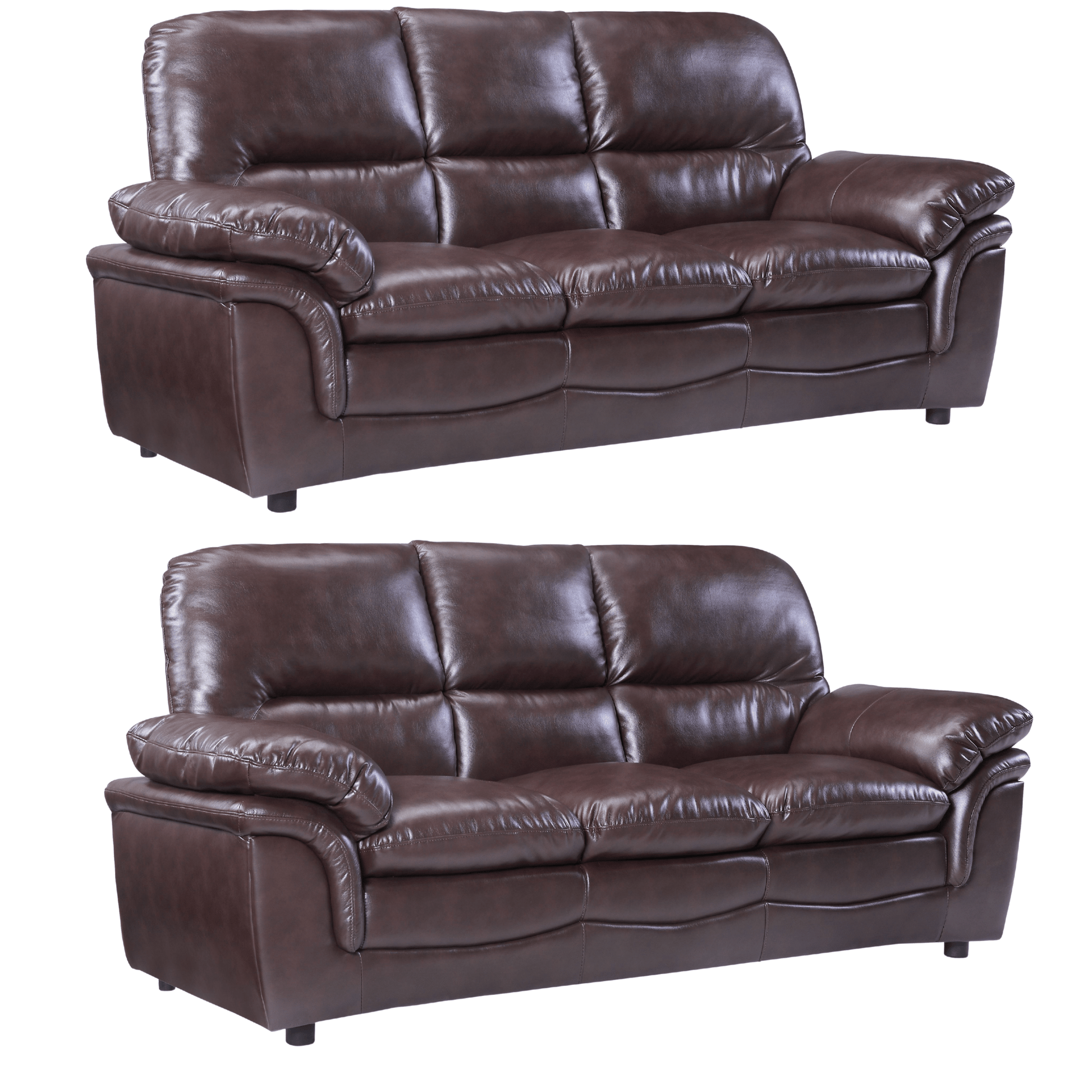 Two brown leather sofas on a white background