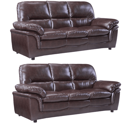 Two brown leather sofas on a white background