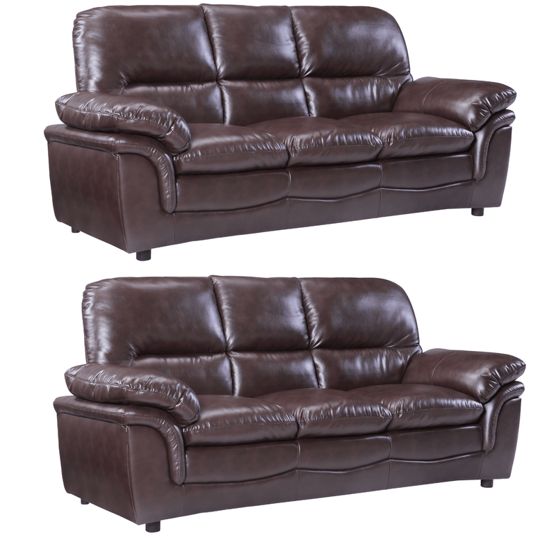 Two brown leather sofas on a white background