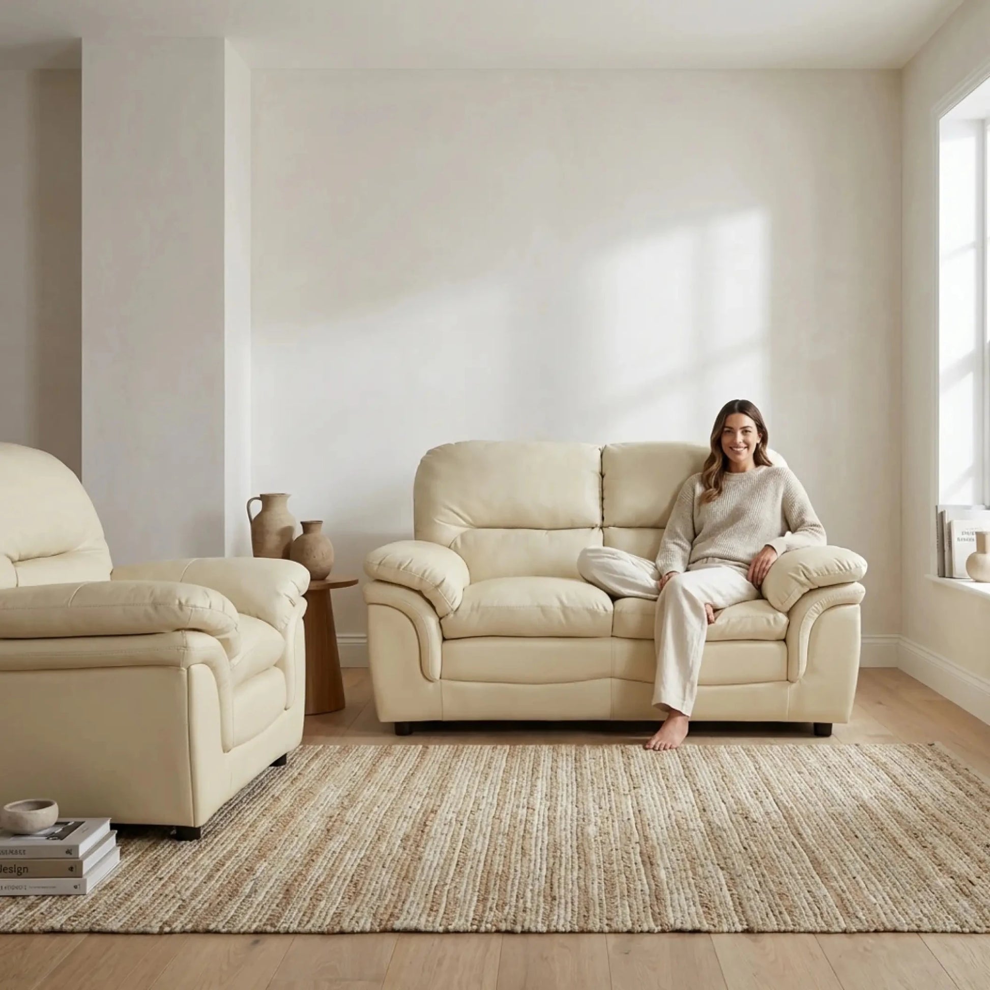 Verona Cream Leather 2+1 Seater Sofa Set is a Stylish and Practical - Furniture Instore