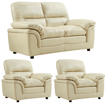 Beige leather sofa set with two recliner chairs on a white background