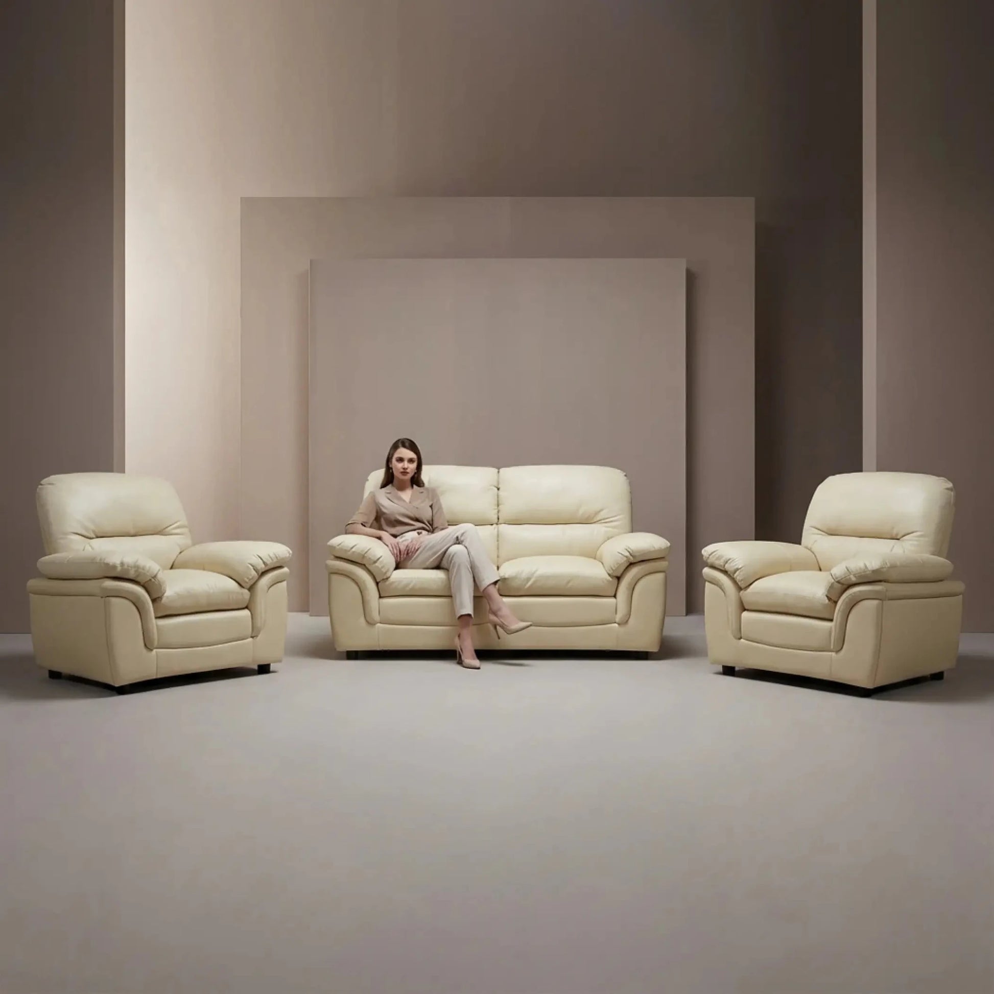 Verona Cream Leather 2+1+1 Seater Sofa Set – Compact, Elegant & Comfortable - Furniture Instore