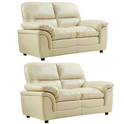 Two beige leather sofas on a white background