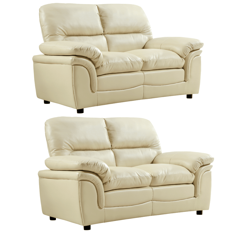 Two beige leather sofas on a white background