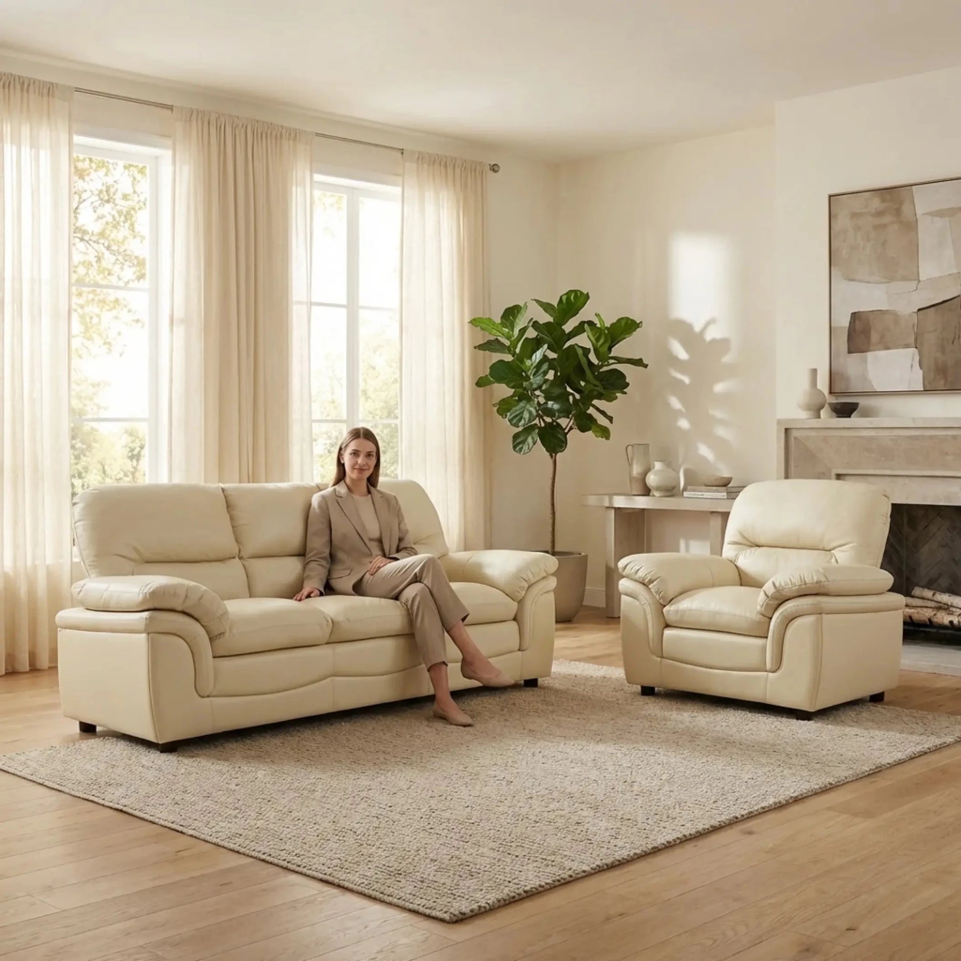 Verona Cream Leather 3+1 Seater Sofa Set Collection - Furniture Instore