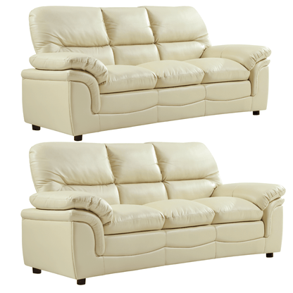 Two beige leather sofas on a white background