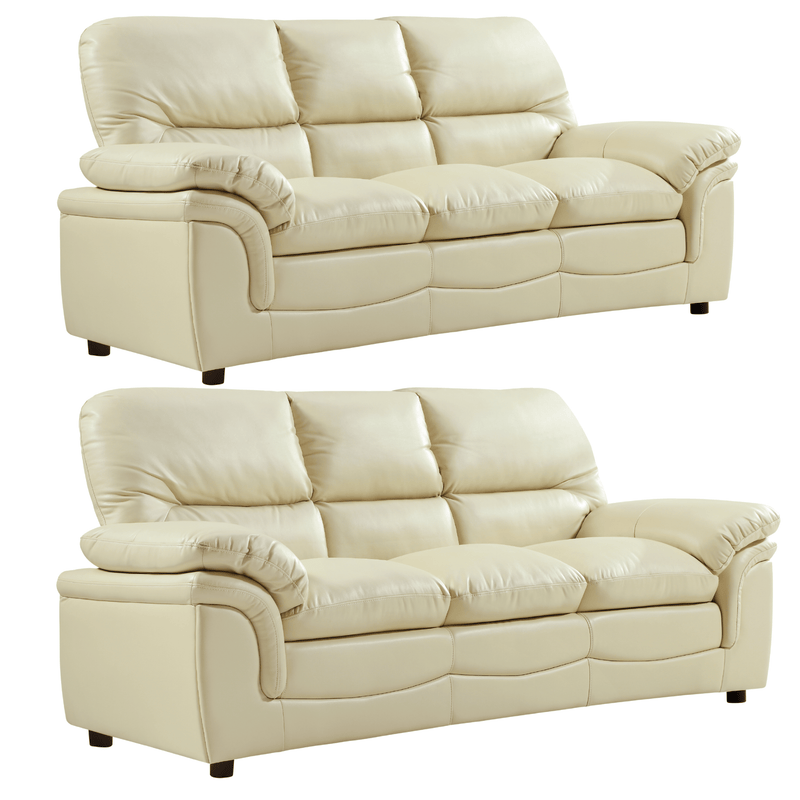 Two beige leather sofas on a white background