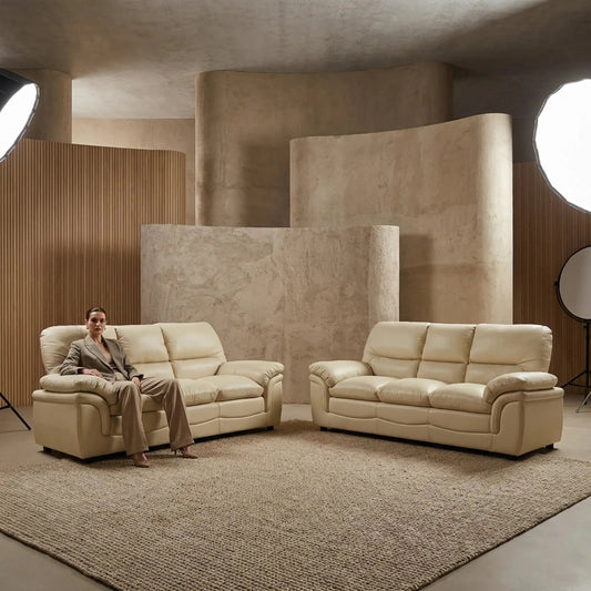 Verona Cream Leather 3+3 Seater Sofa Set – Spacious, Elegant & Designed for Comfort - Furniture