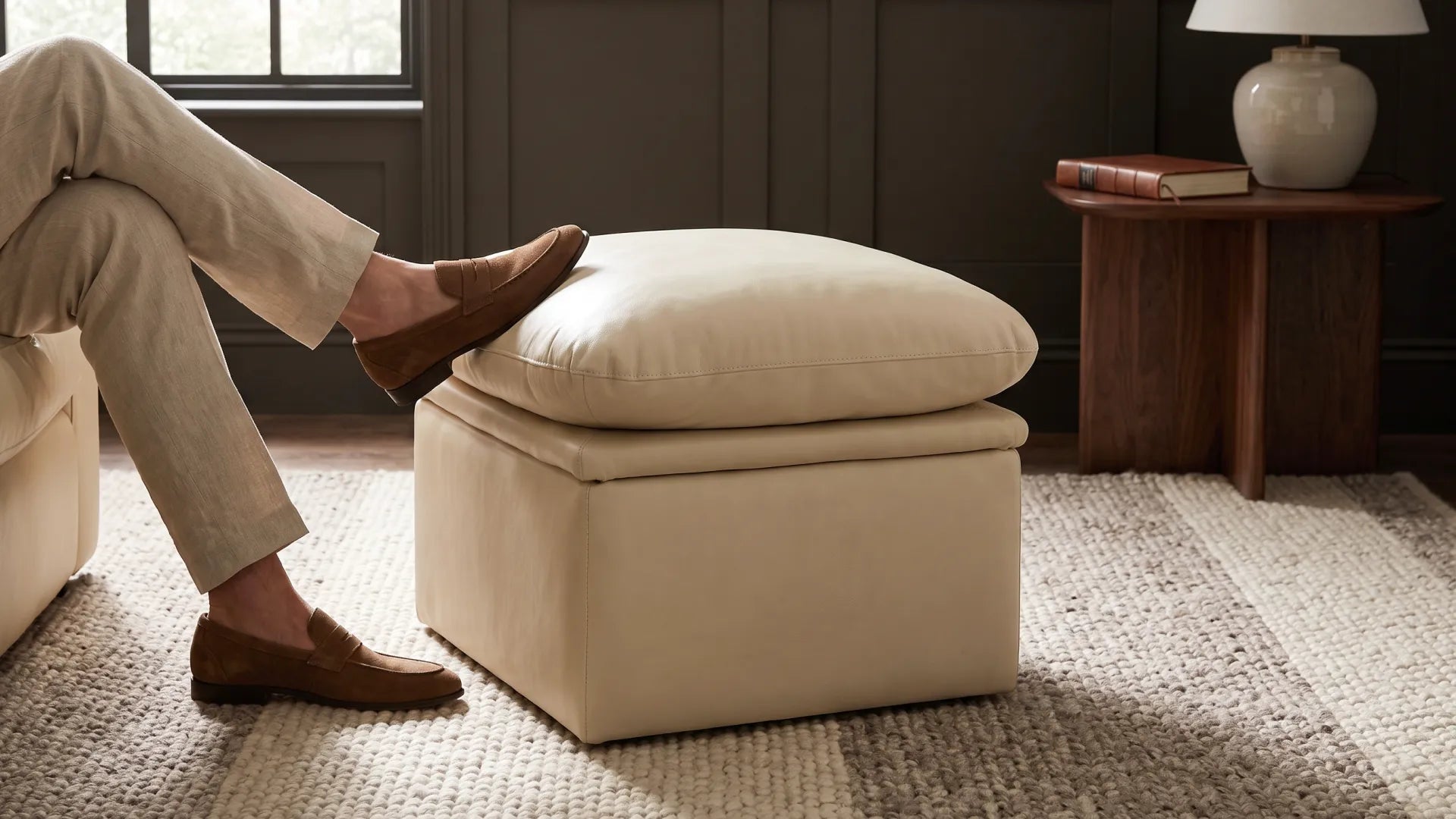 Verona Cream Leather Footstool - Furniture Instore