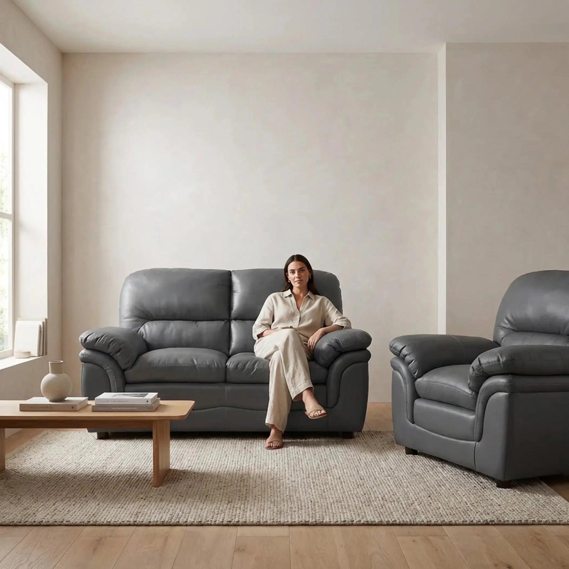 Verona Grey Leather 2+1 Seater Sofa Set – Stylish, Compact, and Built for Everyday Comfort - Furniture Instore