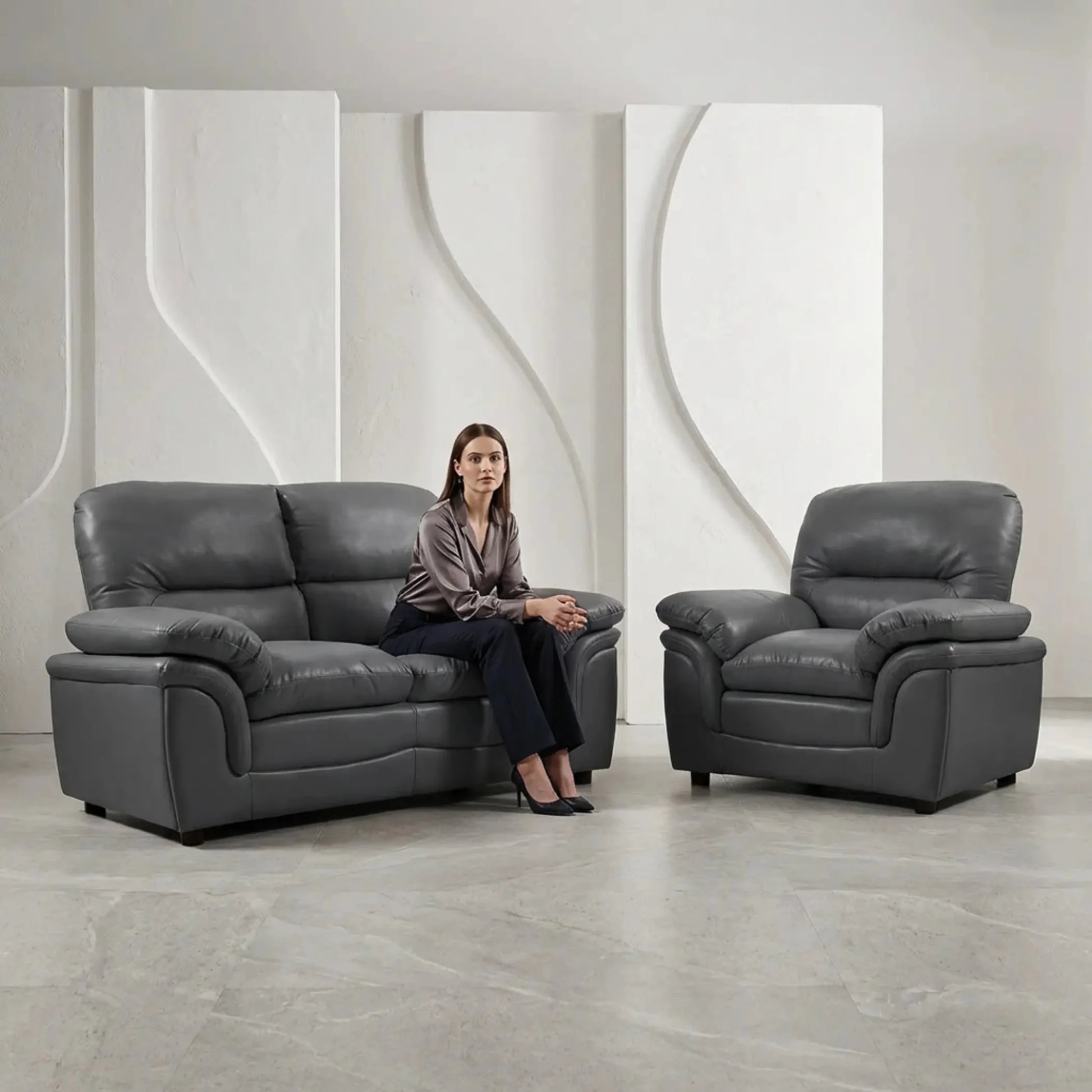 Verona Grey Leather 2+1 Seater Sofa Set – Stylish, Compact, and Built for Everyday Comfort - Furniture Instore