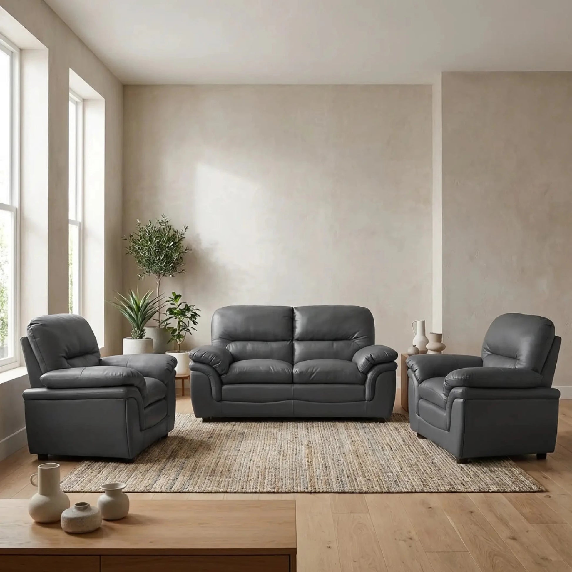 Verona Grey Leather 2+1+1 Seater Sofa Set – Modern Elegance & Everyday Comfort - Furniture Instore