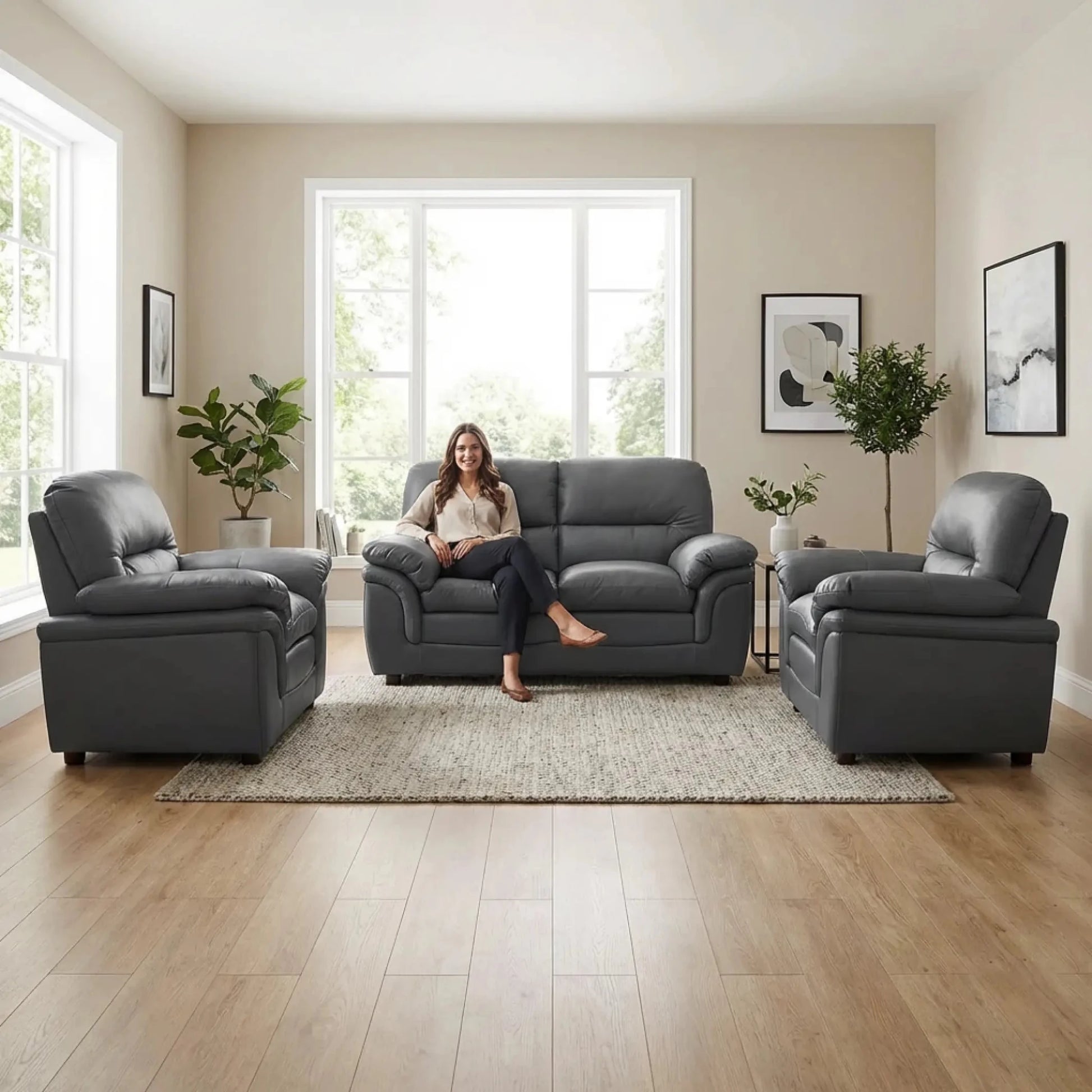 Verona Grey Leather 2+1+1 Seater Sofa Set – Modern Elegance & Everyday Comfort - Furniture Instore