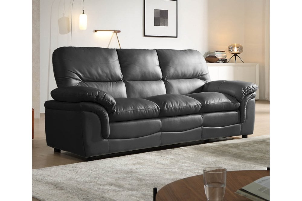 Contemporary grey leather three-seater sofa for modern living rooms, displayed on a white background