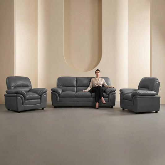 Verona Grey Leather 3+1+1 Seater Sofa Set – Comfort, Style, and Practical Living - Furniture Instore
