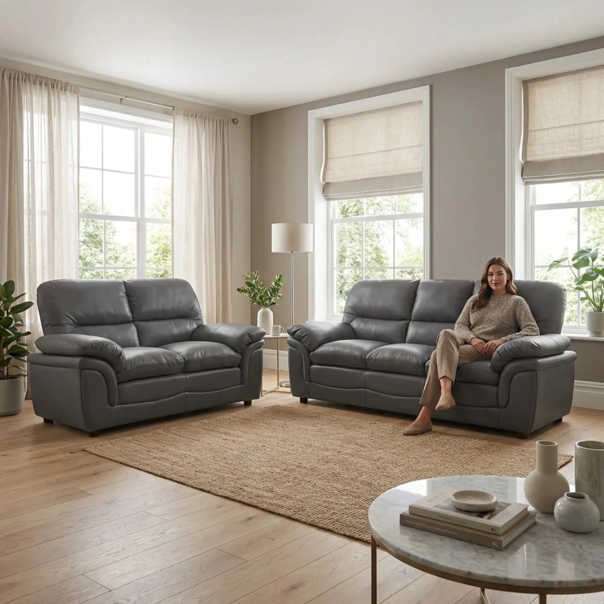 Verona Grey Leather 3+2 Seater Sofa Set – Stylish, Comfortable & Perfect for Everyday Living - Furniture Instore