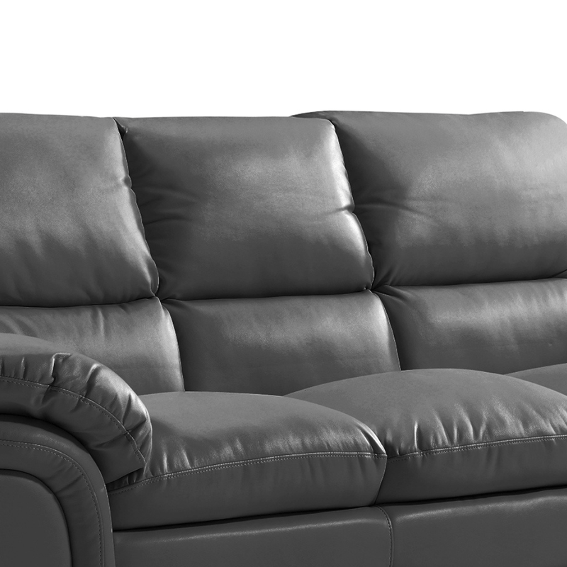 Gray leather sofa with a focus on comfort and design.