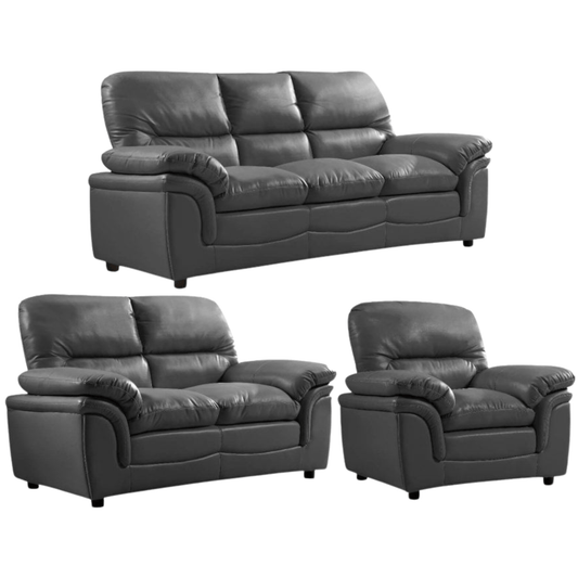 Gray leather sofa set with two armchairs on a white background