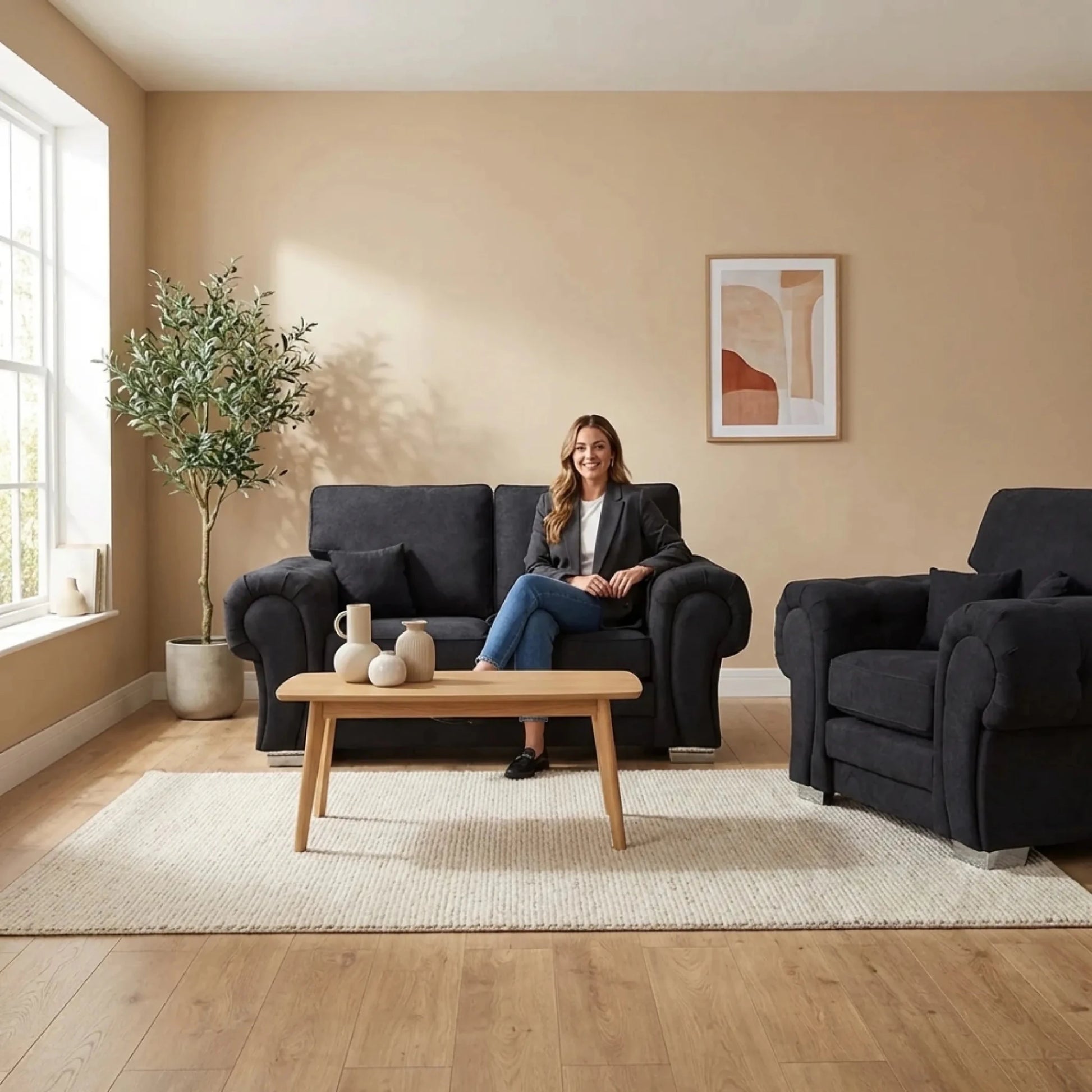 Verona High Back Black Fabric 2+1 Seater Sofa Set - Furniture Instore